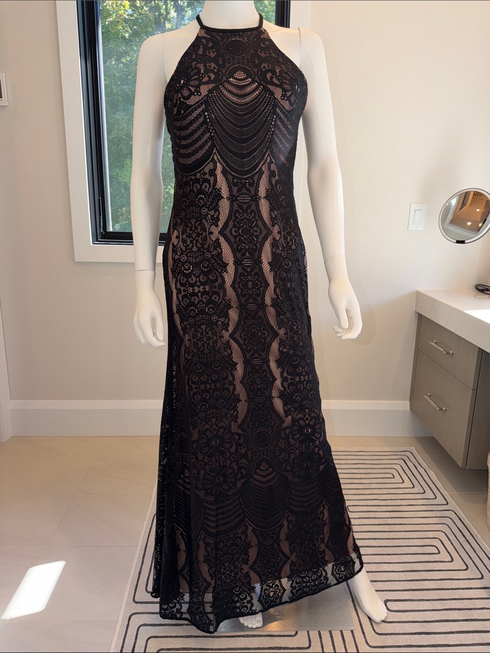 Morgan & Co. Black Lace Halter Maxi Dress with Nude Lining